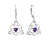 FJ Heart Celtic Knot Earrings 925 Sterling Silver Amethyst February Birthstone Dangle Drop Earrings Irish Good Luck Jewellery for Women