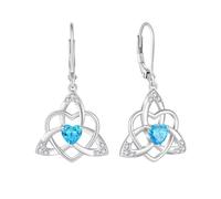 FJ Heart Celtic Knot Earrings 925 Sterling Silver Dangle Drop Leverback Earrings Aquamarine March Birthstone Earrings Irish Good Luck Jewellery for Women