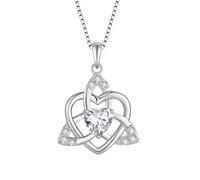 FJ Heart Celtic Knot Necklace 925 Sterling Silver Irish Trinity Love Knot Pendant Cubic Zirconia Necklace April Birthstone Jewellery for Women