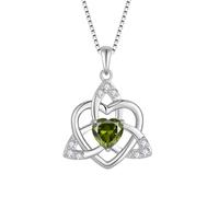 FJ Heart Celtic Knot Necklace 925 Sterling Silver Irish Trinity Love Knot Pendant Peridot Necklace August Birthstone Jewellery for Women