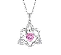 FJ Heart Celtic Knot Necklace 925 Sterling Silver Irish Trinity Love Knot Pendant Pink Tourmaline Necklace October Birthstone Jewellery for Women