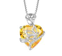 FJ Heart Citrine Necklace 925 Sterling Silver Butterfly Necklace Rose Flower Pendant November Birthstone Jewellery for Women