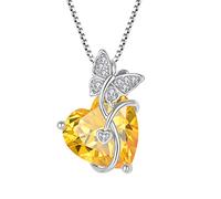 FJ Heart Citrine Necklace for Women 925 Sterling Silver Butterfly Pendant Necklace November Birthstone Jewellery Gifts for Her