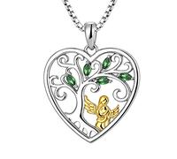 FJ Heart Guardian Angel Mother Daughter Necklace 925 Sterling Silver Tree of Life Pendant Necklace with May Birthstone Emerald Jewellery Gifts for Mother Daughter