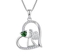 FJ Heart Guardian Angel Necklace 925 Sterling Silver Angel Wing Pendant Emerald Necklace May Birthstone Jewellery Gifts for Women Girls
