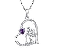 FJ Heart Guardian Angel Necklace 925 Sterling Silver Angel Wing Pendant Necklace February Birthstone Amethyst Necklace Jewellery Gifts for Women Girls