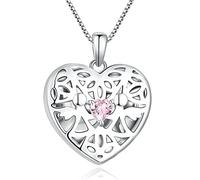 FJ Heart Photo Locket Necklace Guardian Angel Pendant 925 Sterling Silver Pink Tourmaline Necklace October Birthstone Necklace that Holds Pictures for Memory Jewellery Gifts for Women Girls