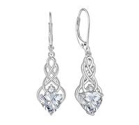 FJ Infinity Celtic Knot Earrings 925 Sterling Silver April Birthstone Dangle Drop Earrings with Cubic Zirconia Irish Good Luck Jewellery for Women