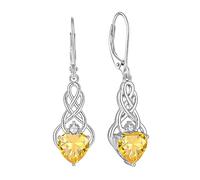 FJ Infinity Celtic Knot Earrings 925 Sterling Silver Citrine November Birthstone Dangle Drop Earrings Irish Good Luck Jewellery for Women