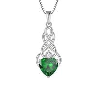 FJ Infinity Celtic Knot Necklace 925 Sterling Silver Emerald Necklace May Birthstone Pendant Irish Good Luck Jewellery for Women