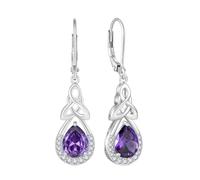FJ Irish Celtic Knot Earrings 925 Sterling Silver Amethyst Dangle Drop Earrings Infinity Teardrop February Birthstone Jewellery for Women