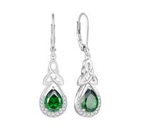 FJ Irish Celtic Knot Earrings 925 Sterling Silver Emerald Dangle Drop Earrings Infinity Teardrop May Birthstone Jewellery for Women