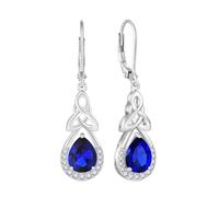FJ Irish Celtic Knot Earrings 925 Sterling Silver Sapphire Dangle Drop Earrings Infinity Teardrop September Birthstone Jewellery for Women