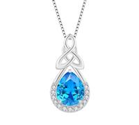 FJ Irish Celtic Knot Necklace 925 Sterling Silver Aquamarine Necklace Infinity Teardrop Pendant March Birthstone Jewellery for Women