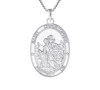 FJ Men Women St Christopher Necklace 925 Sterling Silver Saint Christopher Necklace Oval Coin Pendant with 20" Chain