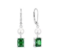 FJ Pearl Dangle Drop Earrings 925 Sterling Silver Square Princess Cut Leverback Earrings Emerald May Birthstone Jewellery Gifts for Women