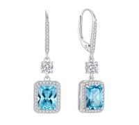 FJ Princess Cut Dangle Drop Earrings 925 Sterling Silver Halo Diamond Leverback Earrings March Birthstone Aquamarine Earrings for Women