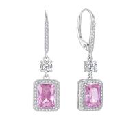 FJ Princess Cut Dangle Drop Earrings 925 Sterling Silver Halo Diamond Leverback Earrings October Birthstone Pink Tourmaline Earrings for Women