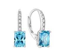 FJ Princess Cut Dangle Drop Earrings 925 Sterling Silver Square Solitaire Leverback Earrings Aquamarine March Birthstone Jewellery Gifts for Women