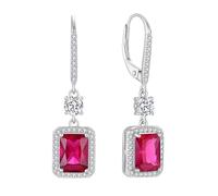 FJ Ruby Earrings 925 Sterling Silver Square Princess Cut Dangle Drop Earrings Leverback July Birthstone Jewellery for Women