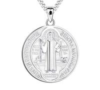FJ Saint Benedict Pendant Necklace 925 Sterling Silver St Benedict Necklace NR Cross Protection Pendant Round Coin Antiqued Religious Protector Talisman Jewellery for Men Women