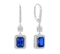 FJ Sapphire Earrings 925 Sterling Silver Square Princess Cut Dangle Drop Earrings Leverback September Birthstone Jewellery for Women