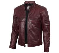 fjackets Cafe Racer burgundy leather jacket men - Leather Biker Motorcycle Jacket Red Leather - Austin Red Maroon | [1107053] M
