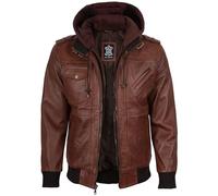 fjackets Disc Men Leather Jacket with Hood - Genuine Bomber Hooded Lambskin Leather Mens Jacket | [1100155] Edinburgh Brown, XL