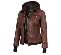 fjackets Disc Womens Brown Leather Jacket - Real Lambksin Bomber Jackets Women With Removable Hood - Edinburgh Cognac| [1315011] XS