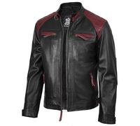 fjackets Real Lambskin Leather Biker Jacket - Quilted Cafe Racer Zip Up Moto Jacket Men | [1107893] Rollins Black and Maroon Leather Jacket,M