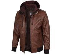 fjackets Real Leather Bomber Jacket - Motorcycle Casual Stand Collar with a Removable Hood | [1100152] Edinburgh Brown, S
