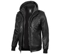 fjackets Real Leather Bomber Jacket - Motorcycle Stand Collar Jacket with a Removable Hood | [1108977] Ferndale Black, 3XL