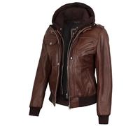 fjackets Womens Leather Jacket - Real Lambksin Leather Bomber Jacket Women With Removable Hood - Edinburgh Cognac | [1315011] XS
