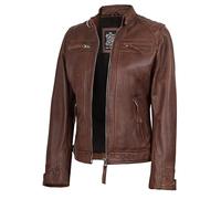 fjackets Women's Leather Jacket - Real Lambskin Cafe Racer Moto Biker, Quilted Zip-Up Jacket for Women