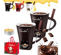 fjaldjfu Meltie Cup, Chocolate Fondue Mug Sets with Fork and Candle, Ceramic Sweet Chocolate Fondue Cup, Portable Ceramic Melting Cups for Chocolates Cheese & Desserts, Ideal Gifts (2PCS-B)