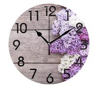 FJAUOQ 3D Beautiful Purple Lilac On Board Round Wall Clock, 9.5 Inch Battery Operated Quartz Analog Quiet Desk Clock for Home,Office,School,Kitchen