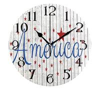 FJAUOQ America Stars on Wooden Wall Clock 9.5 In Non-Ticking Silent Clocks Round Bathroom Clock Battery