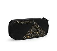 FJAUOQ Christmas Tree Large Capacity Pen Pencil Case Black Background Russian Lettering Happy New Year Ornament Simple Stationery Bag Holder for School Office Student Girls Boys