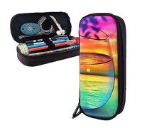 FJAUOQ Colorful Glass Drink Sunset Pencil Case Big Capacity Leather Pencil Pouch Portable Pencil Bag with Zipper for Office Organizer
