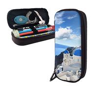 FJAUOQ Cycladic Houses Pencil Case Big Capacity Leather Pencil Pouch Portable Pencil Bag with Zipper for Office Organizer
