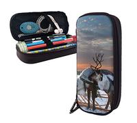 FJAUOQ Deer on Snowfield Pencil Case Big Capacity Leather Pencil Pouch Portable Pencil Bag with Zipper for Office Organizer