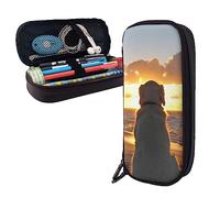 FJAUOQ Dog and Sunset Pencil Case Big Capacity Leather Pencil Pouch Portable Pencil Bag with Zipper for Office Organizer