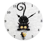 FJAUOQ Little Mouse Black Cute Cat Wall Clock Silent Round Wall Clock Non Ticking Battery Operated Creative Decorative Clock for Kids Living Room Bedroom Office Kitchen Home Decor