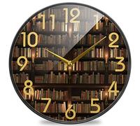 FJAUOQ Multi-storied Mysterious Bookshelf Library Print Round Wall Clock, 9.5 Inch Silent Battery Operated Quartz Analog Quiet Desk Clock for Home,Office,School