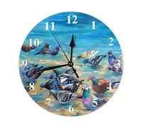 FJAUOQ Pigeons Round Wall Clock,Beach Pigeons on The Black Sea Coast Painting Art Silent Round Wall Clock Home Wall Decorative for Bedroom Office School Art(10")
