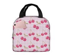 FJAUOQ Pink Plaid Cherry Lunch Bag for Women Men, Reusable Cherry Print Insulated Lunch Box Container with Frond Pocket for Work Picnic Travel