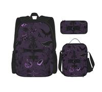 FJAUOQ Purple Black Goth Spooky 3 Piece Backpacks Set Cute Adjustable Shoulder Strap Daypack Combination Bag