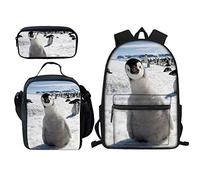 FJAUOQ School Backpack With Lunch Bag Pencil Bags Set For Boys Girls Penguin Print Fashion Durable Kids Book Bag