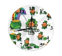 FJAUOQ St Patrick's Day Wall Clock Leprechauns Big Set The Irish Holiday Clover Coin Round Clocks Wall Decorative Silent No Ticking 10 inch 25cm PVC Rustic Modern for Bedroom