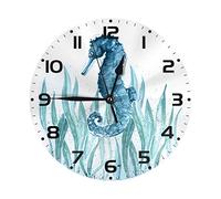 FJAUOQ Wall Clock Seahorse Blue Watercolor Seaweed 10 Inch Silent Non-Ticking Battery Operated Decor for Kitchen Living Room Bedroom Home Office School